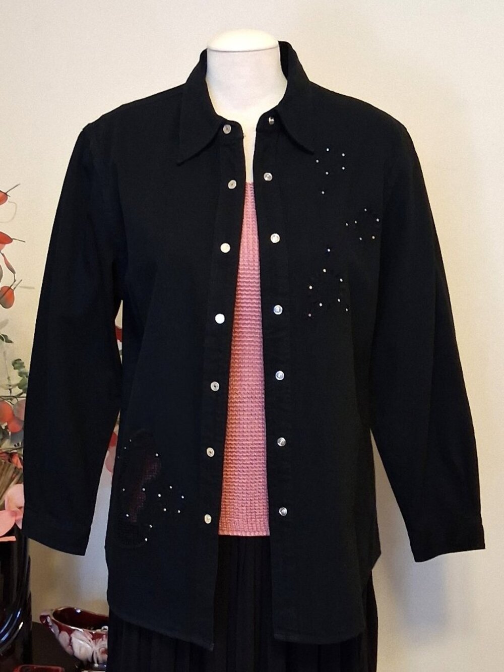 New Classic Black Embroidered Denim Shirt Chic Button-Down Jean Jacket 12